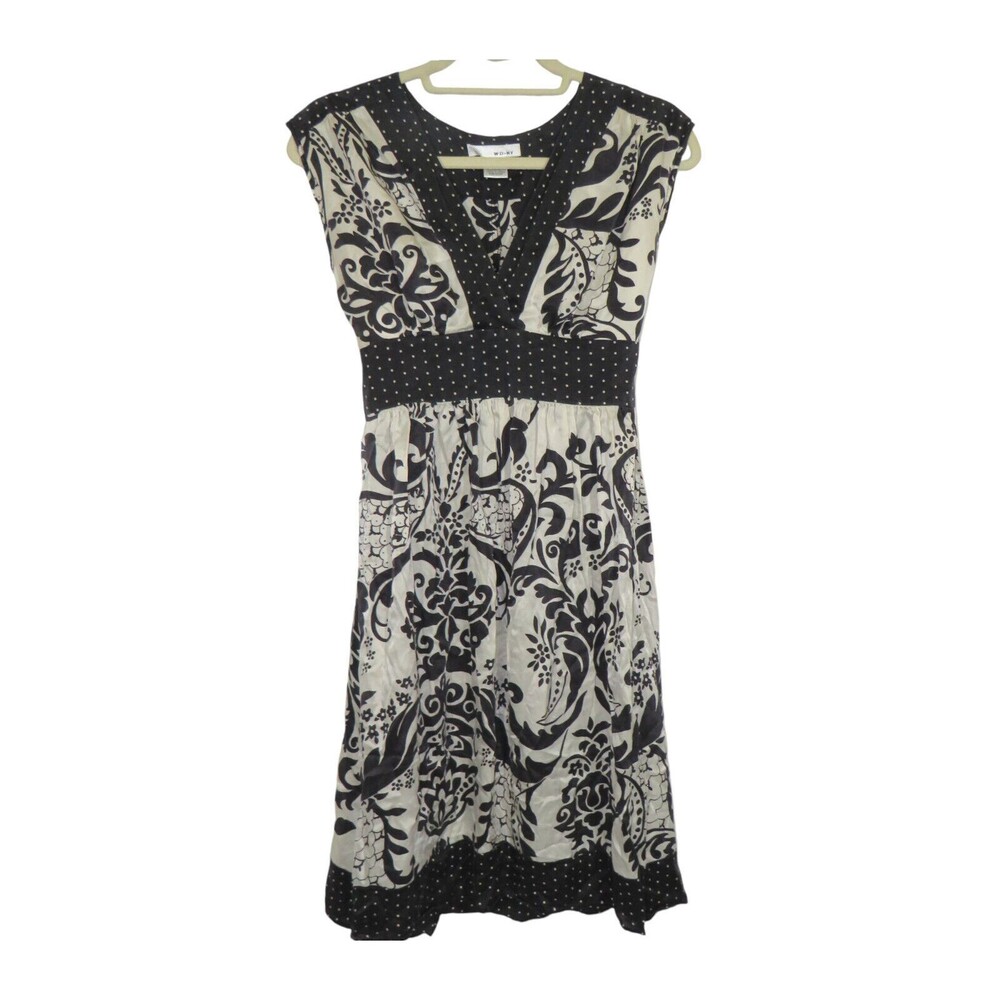 WD NY Black Cream Silk V Neck Floral Polka Dot Tie Back Dress Size 4